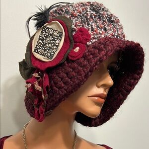 Handcrafted Burgundy and Gray Women's Hat